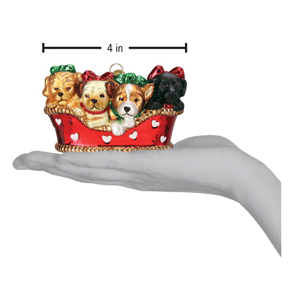 Old World Christmas Puppies In A Basket Ornament - hand-blown glass Christmas tree ornament (view 6)