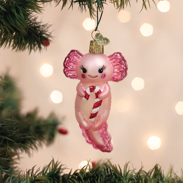 Old World Christmas Axolotl With Candy Cane Ornament - hand-blown glass Christmas tree ornament