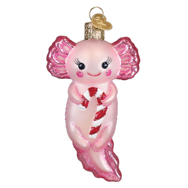 Old World Christmas Axolotl With Candy Cane Ornament - hand-blown glass Christmas tree ornament (view 2)