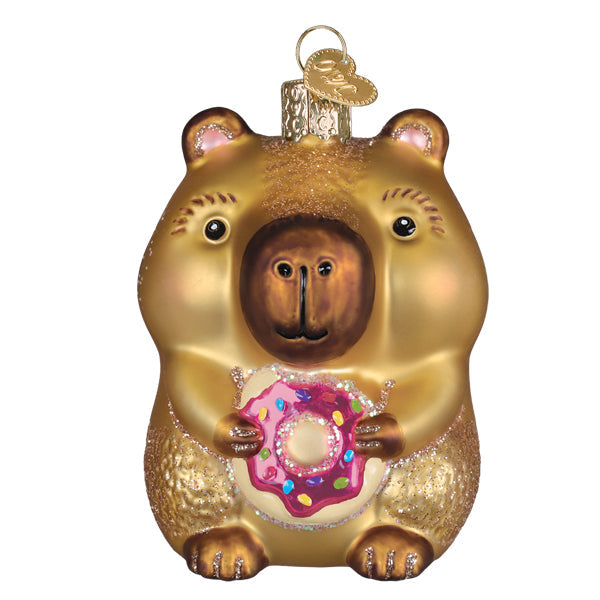 Old World Christmas Capybara Eating Donut Ornament - hand-blown glass Christmas tree ornament (view 2)