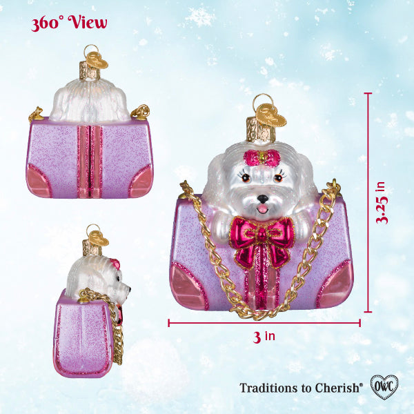 Old World Christmas Posh Pup In Purse Ornament - hand-blown glass Christmas tree ornament (view 6)