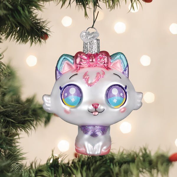 Old World Christmas Kawaii Cat Ornament - hand-blown glass Christmas tree ornament