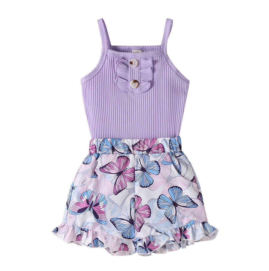 Cute Purple Strap Sunken Stripe Butterfly Shorts Two-piece Set - Cindi Book