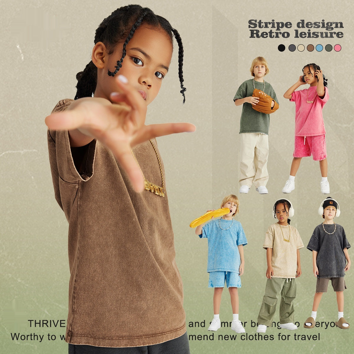 Washed Round Neck Short Sleeve Batik Children's T-shirt - Cindi Book