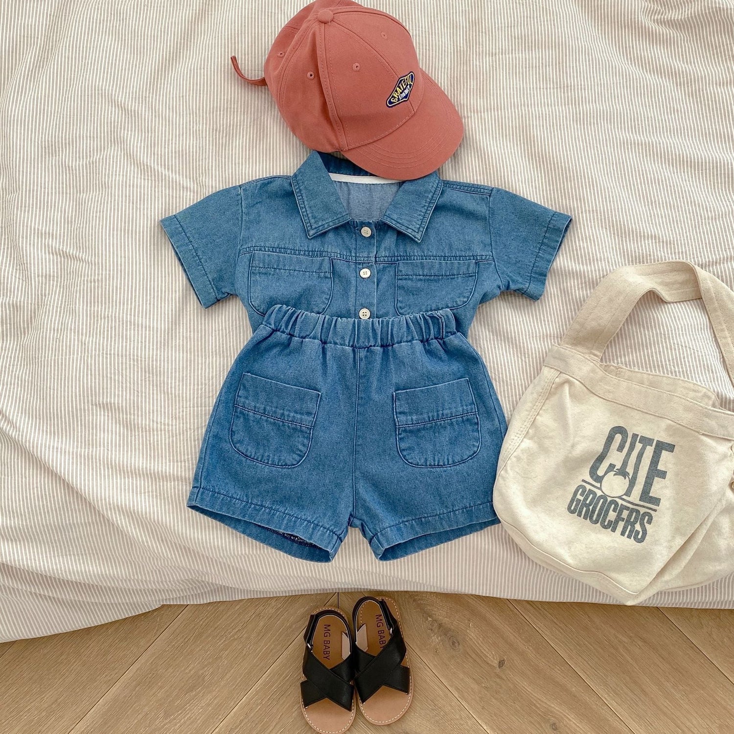 Denim Short Sleeve Pocket Top Boyshorts Baby Boy Suit - Cindi Book