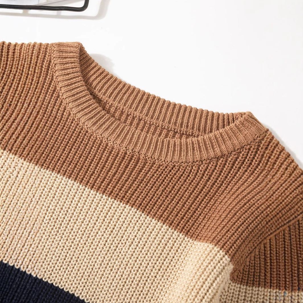 Cozy Kids Knit Sweater - Soft Stretchable Striped Pullover For Boys & Girls, Warm Winter Casual Wear, Breathable Cotton Blend - Cindi Book