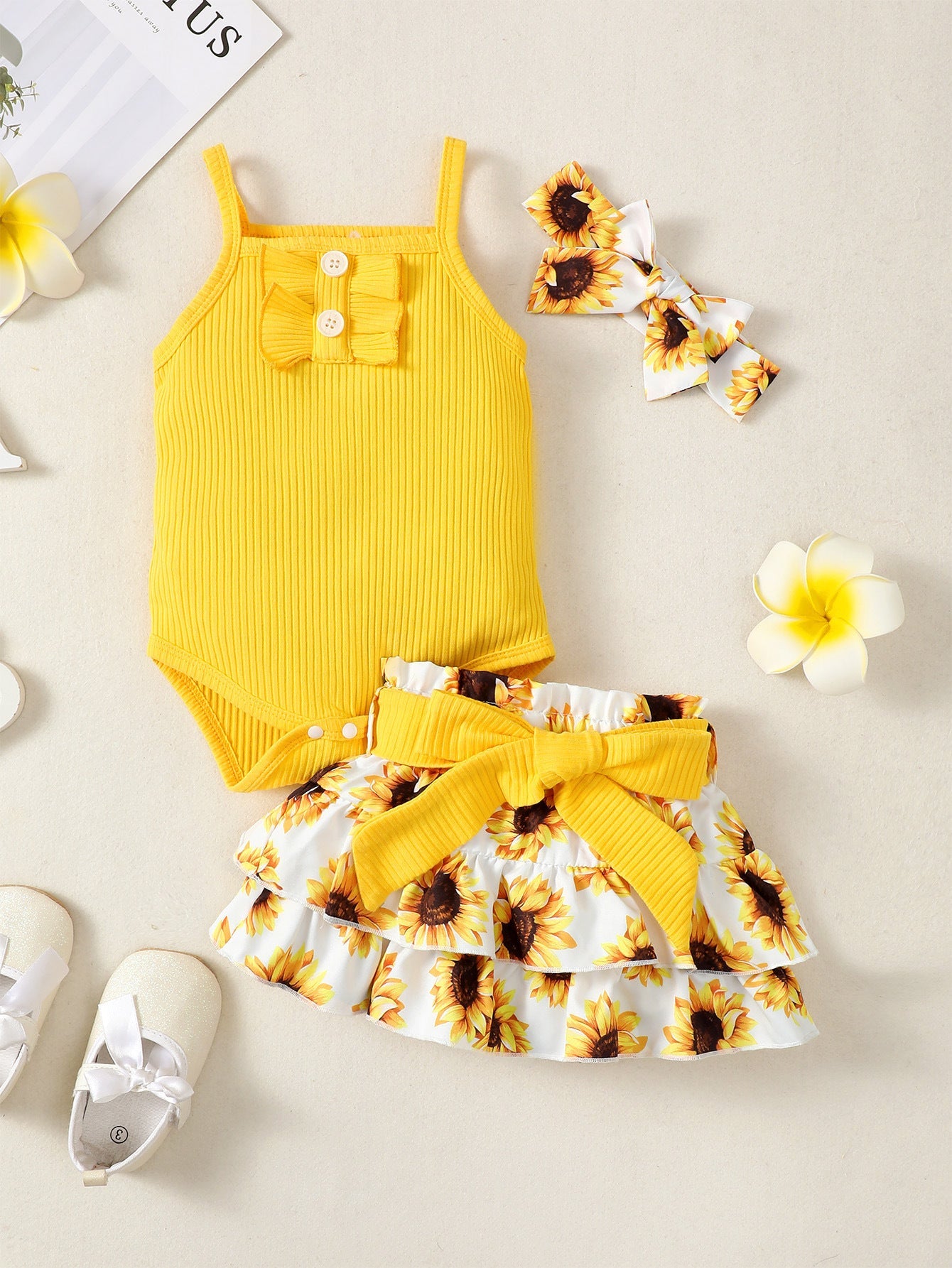 Sunken Stripe Sling Top with Bowknot Short Dress Sets