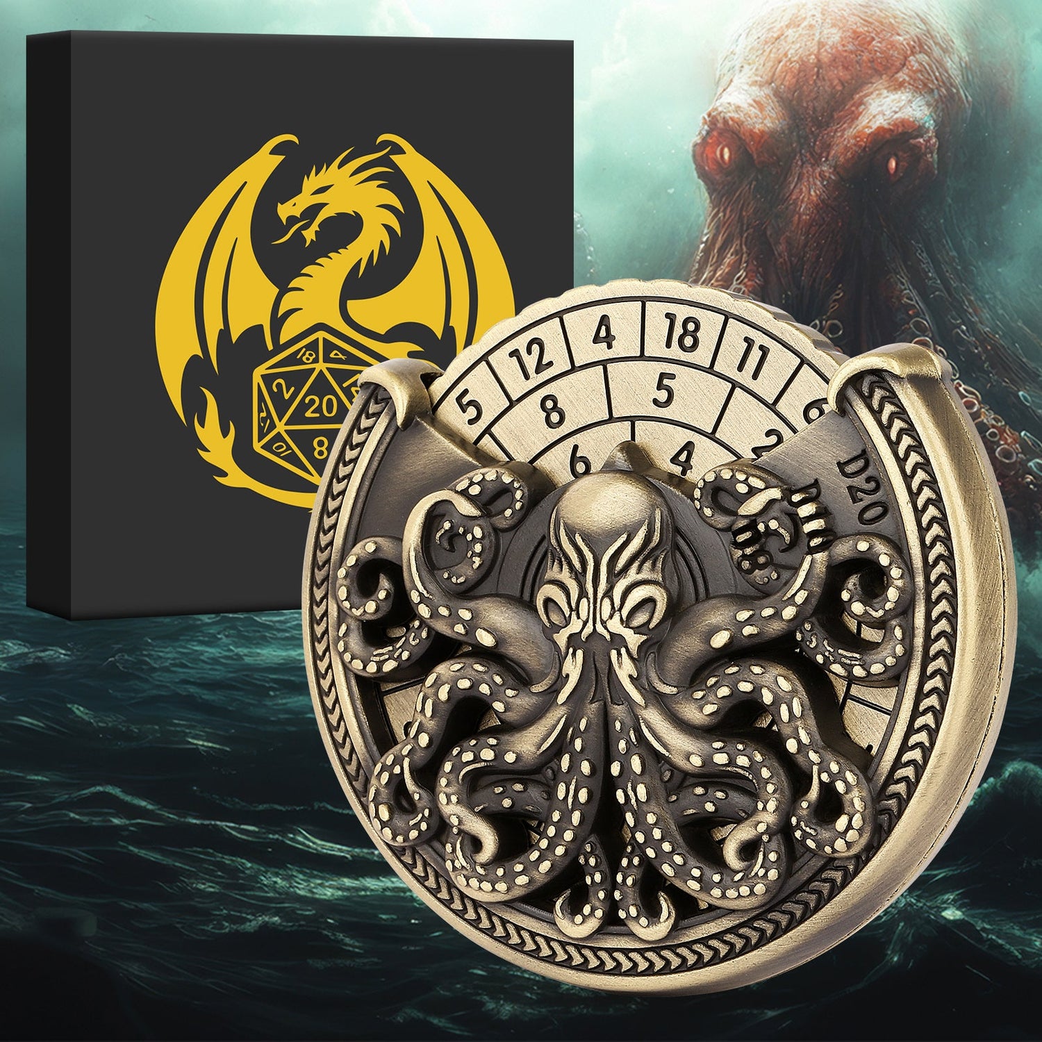 Vintage Kesulu Style, Super Refined Metal Octopus Dice Turntable Gift Box, Immersive Board Game Experience, D20 Random Surprise, Necessary Props For D&D Team - Cindi Book