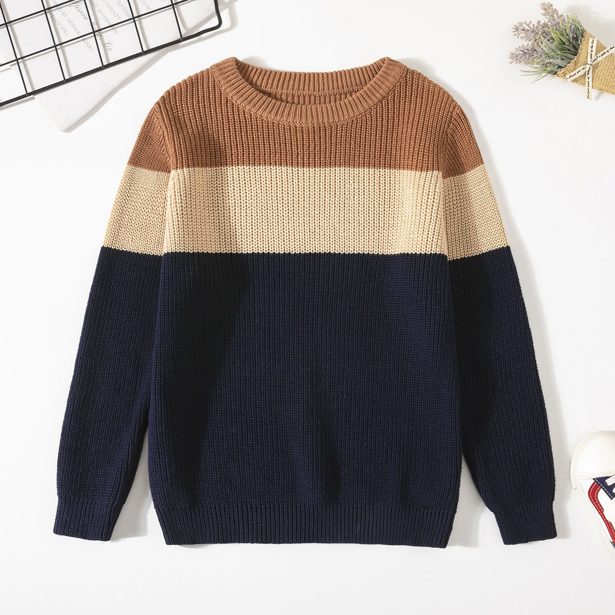 Cozy Kids Knit Sweater - Soft Stretchable Striped Pullover For Boys & Girls, Warm Winter Casual Wear, Breathable Cotton Blend - Cindi Book