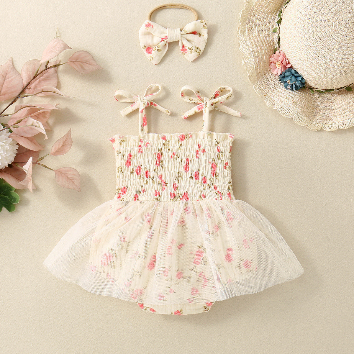 Baby Girl Flower Print Sling Triangle Rompers Tulle Skirt - Cindi Book