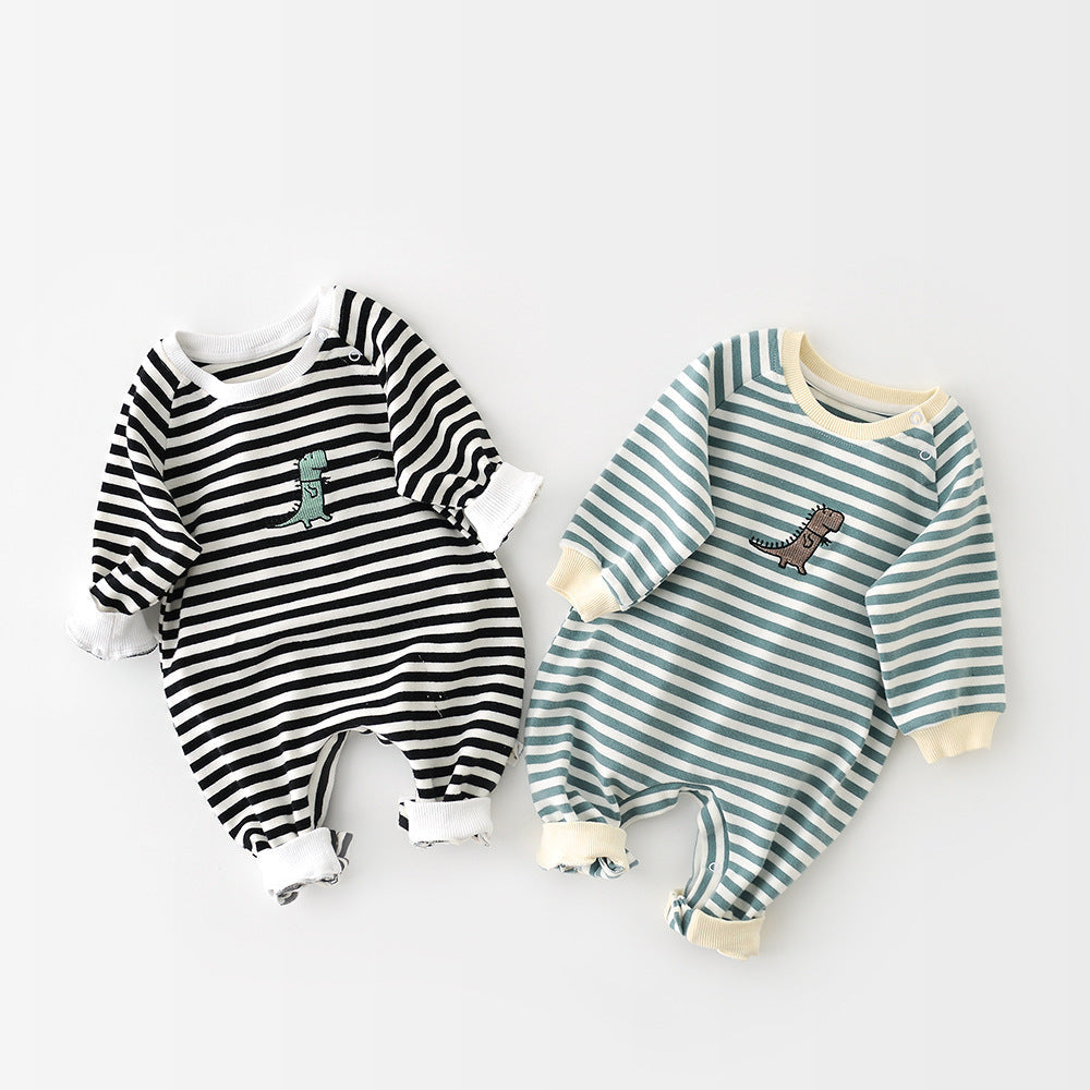 Male And Female Baby Cartoon Striped Dinosaur Embroidery Long-Sleeved Jumpsuit - Cindi Book