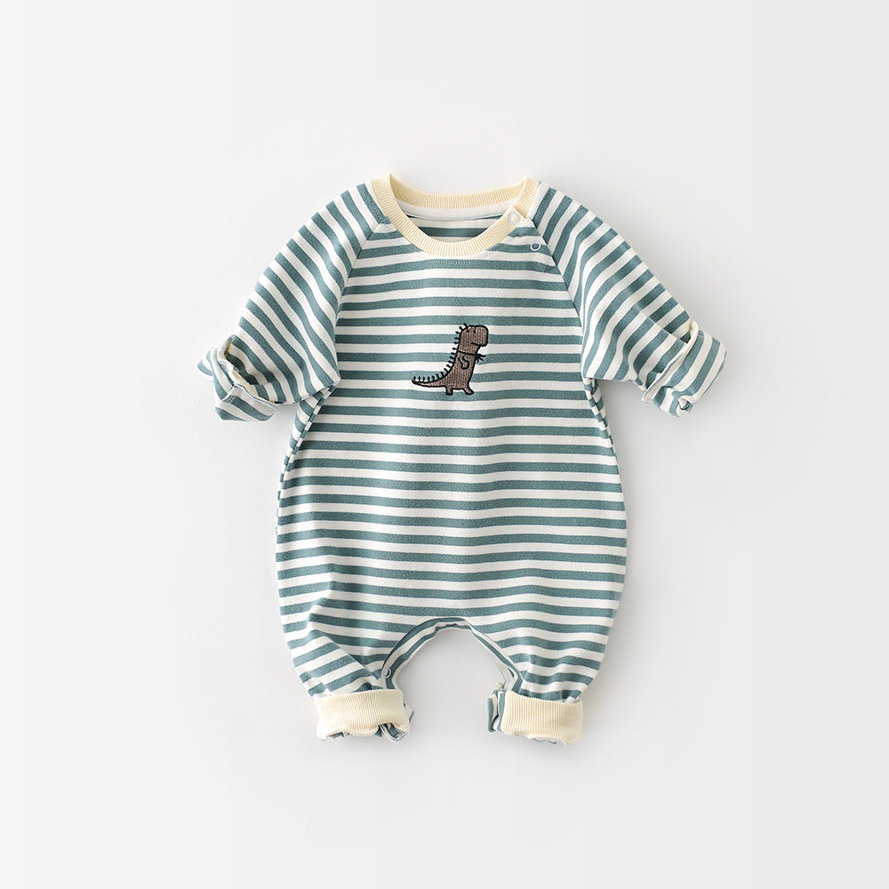 Male And Female Baby Cartoon Striped Dinosaur Embroidery Long-Sleeved Jumpsuit - Cindi Book