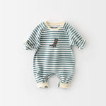 Male And Female Baby Cartoon Striped Dinosaur Embroidery Long-Sleeved Jumpsuit - Cindi Book