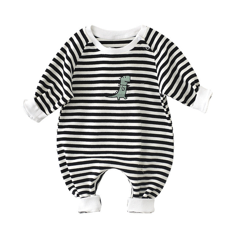 Male And Female Baby Cartoon Striped Dinosaur Embroidery Long-Sleeved Jumpsuit - Cindi Book