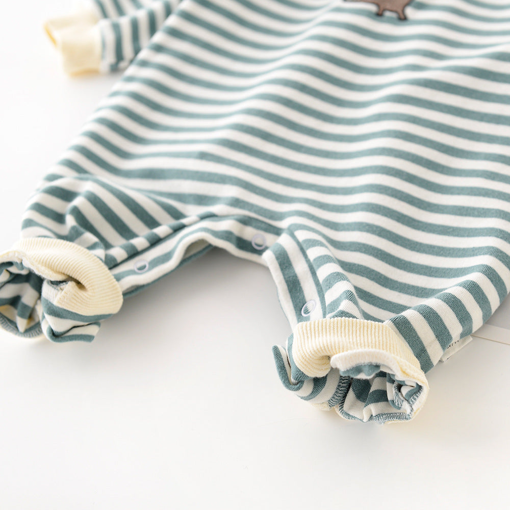 Male And Female Baby Cartoon Striped Dinosaur Embroidery Long-Sleeved Jumpsuit - Cindi Book