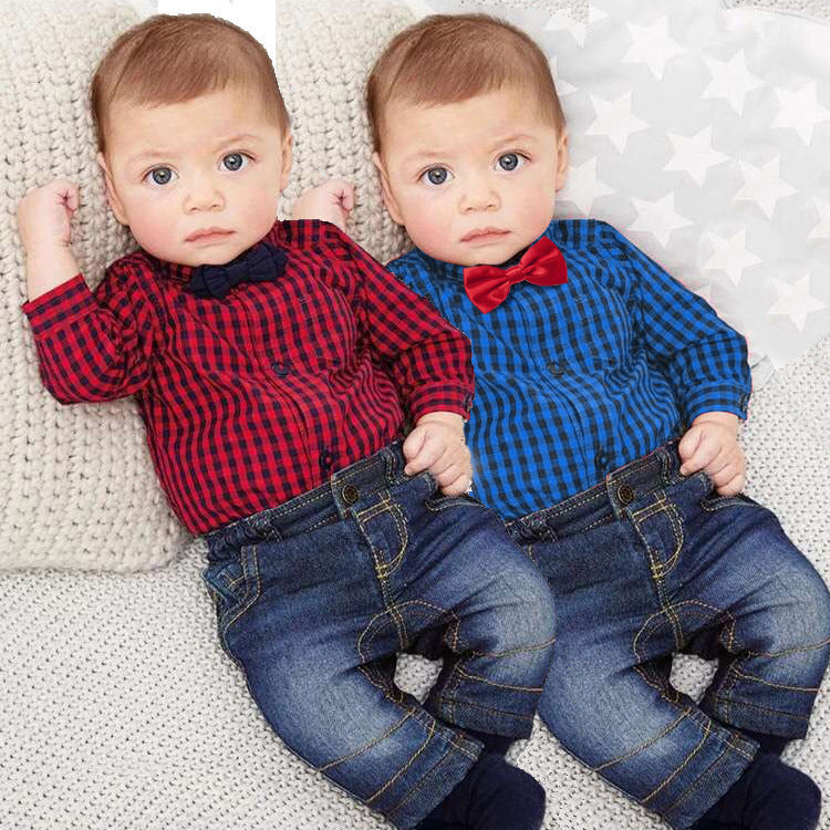Boy Gentleman Plaid Suit Baby One-Piece Suit Bag Fart Clothes Jeans Kids Suit - Cindi Book