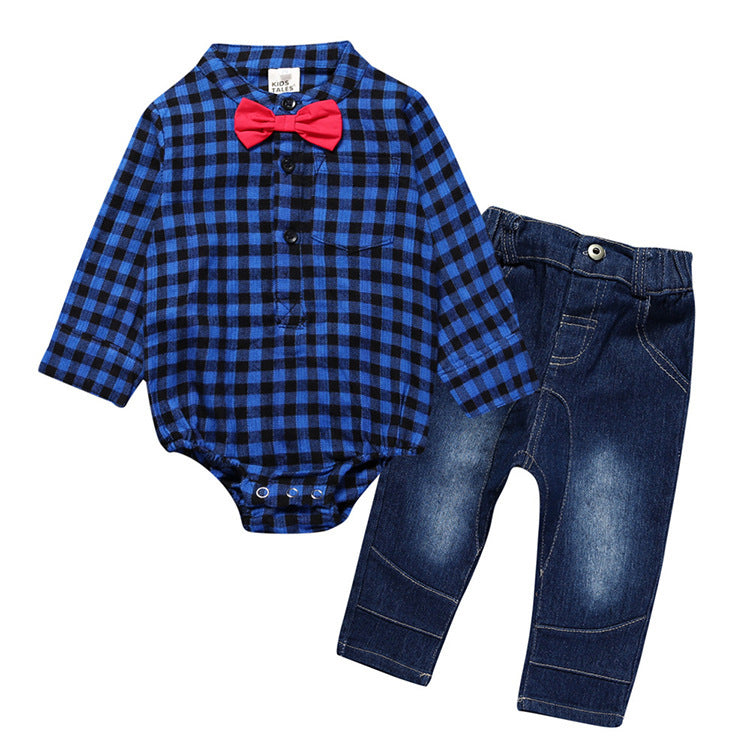 Boy Gentleman Plaid Suit Baby One-Piece Suit Bag Fart Clothes Jeans Kids Suit - Cindi Book
