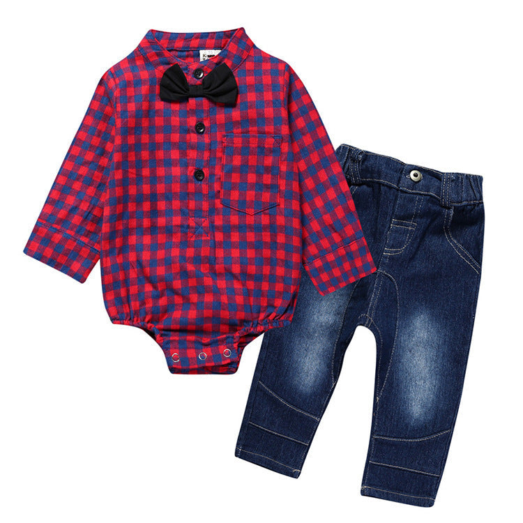 Boy Gentleman Plaid Suit Baby One-Piece Suit Bag Fart Clothes Jeans Kids Suit - Cindi Book