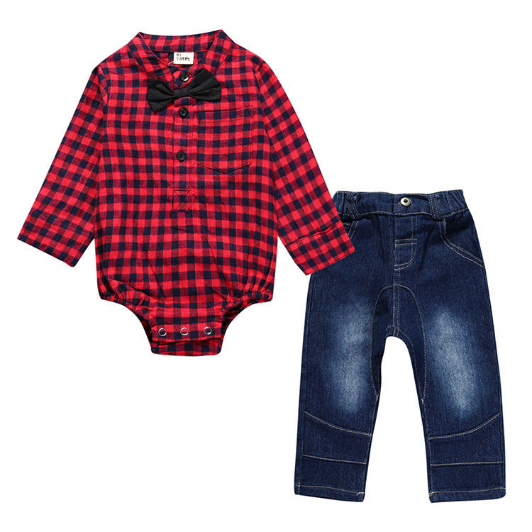 Boy Gentleman Plaid Suit Baby One-Piece Suit Bag Fart Clothes Jeans Kids Suit - Cindi Book