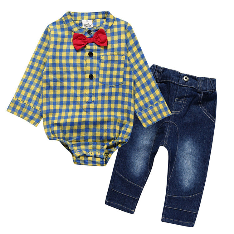 Boy Gentleman Plaid Suit Baby One-Piece Suit Bag Fart Clothes Jeans Kids Suit - Cindi Book