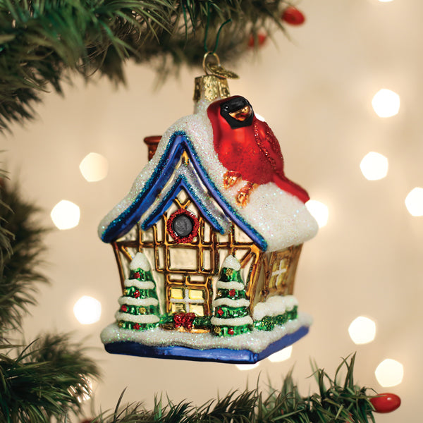 Old World Christmas Cardinal Birdhouse Ornament - hand-blown glass Christmas tree ornament