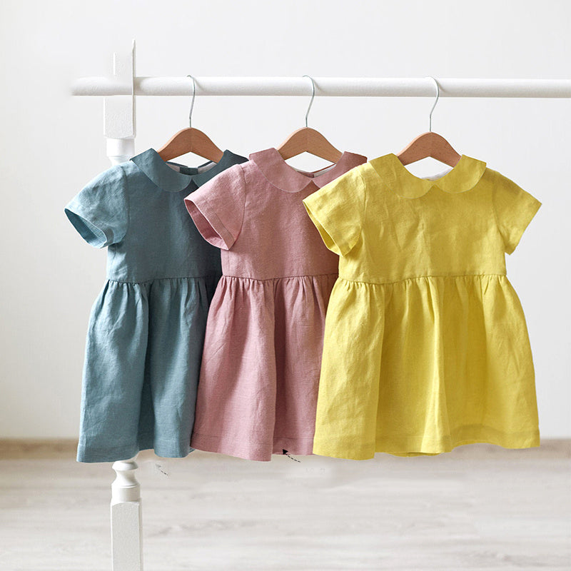 Girls' Linen Doll Collar Short Sleeve Dress - Cindi Book