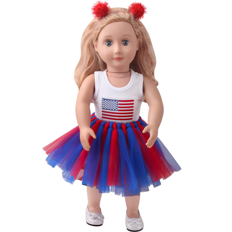 18-inch American Girl Doll Outfit Printed Short Sleeve Handmade Veil Skirt Hair Ball Hair Hoop