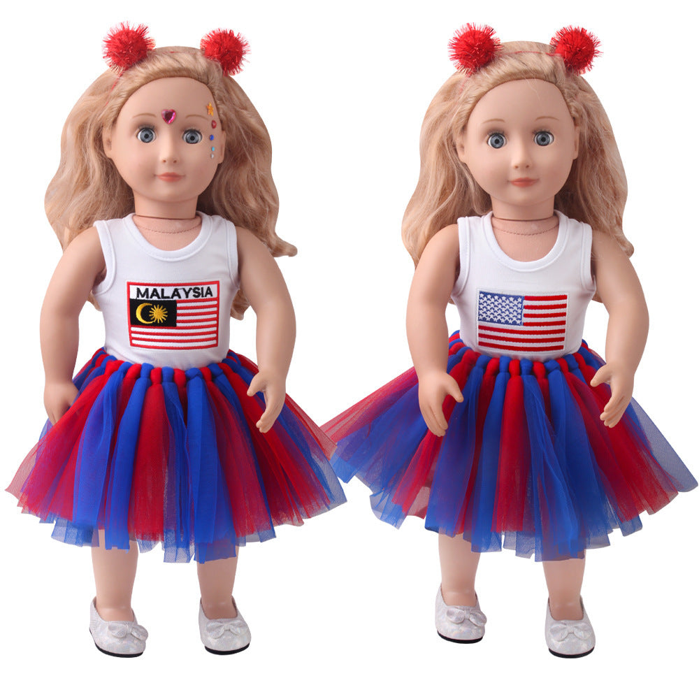 18-inch American Girl Doll Outfit Printed Short Sleeve Handmade Veil Skirt Hair Ball Hair Hoop