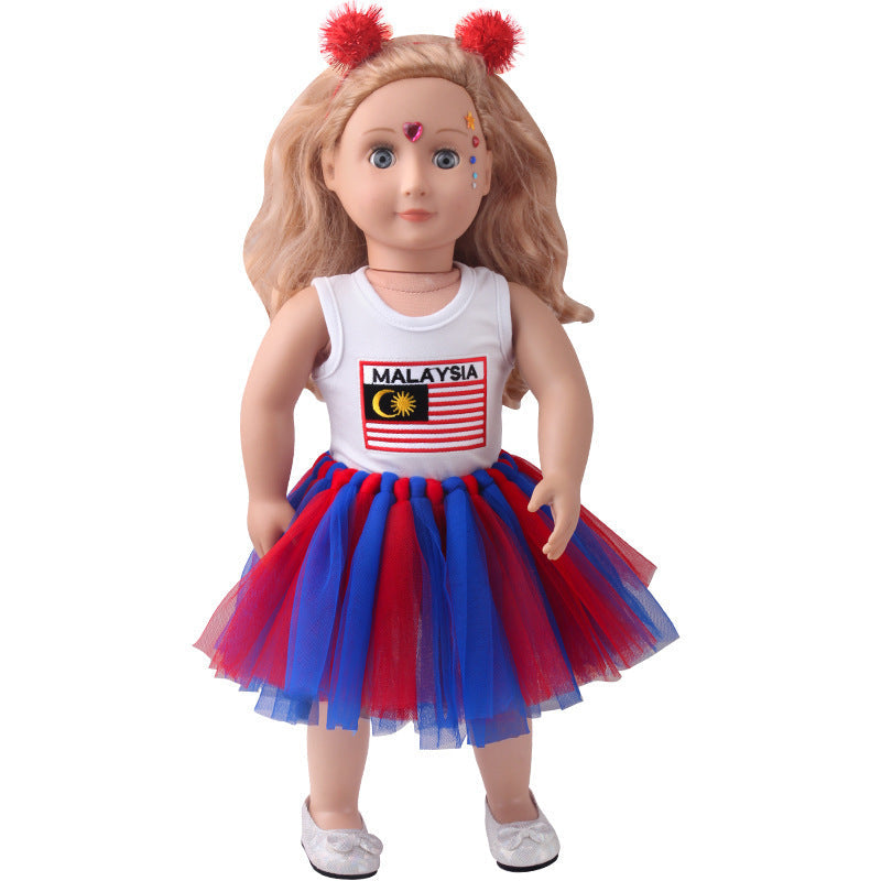18-inch American Girl Doll Outfit Printed Short Sleeve Handmade Veil Skirt Hair Ball Hair Hoop
