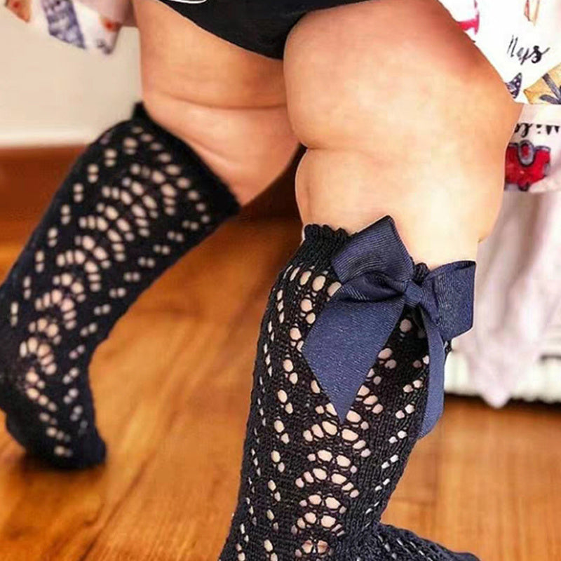 Cute Girls Knee High Socks Bows Cotton Breathable Soft Children Socks Hollow Out Non-slip Newborn Infant Long Socks - Cindi Book