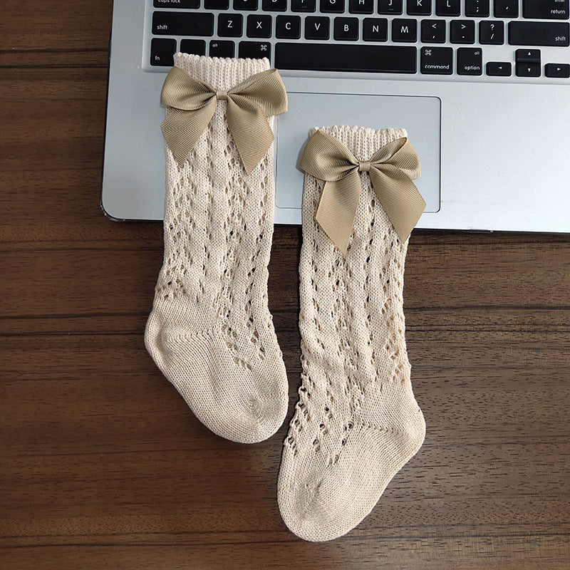 Cute Girls Knee High Socks Bows Cotton Breathable Soft Children Socks Hollow Out Non-slip Newborn Infant Long Socks - Cindi Book