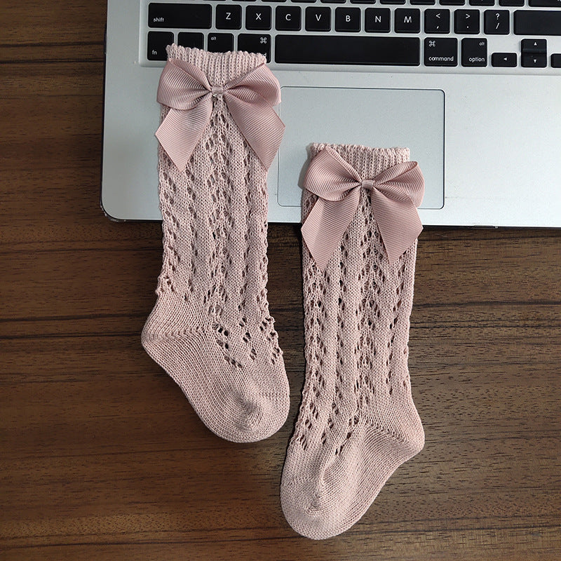 Cute Girls Knee High Socks Bows Cotton Breathable Soft Children Socks Hollow Out Non-slip Newborn Infant Long Socks - Cindi Book
