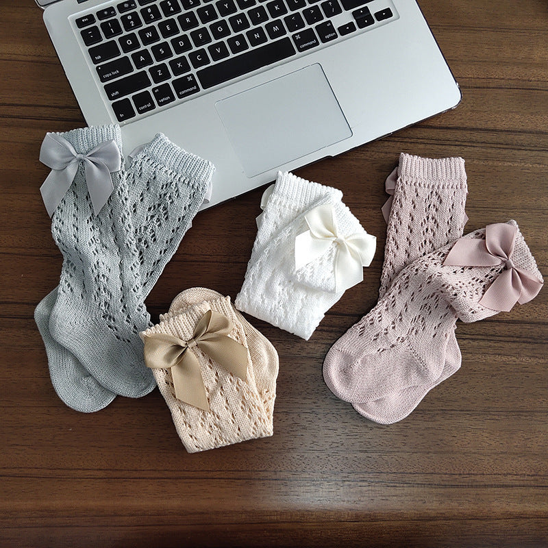 Cute Girls Knee High Socks Bows Cotton Breathable Soft Children Socks Hollow Out Non-slip Newborn Infant Long Socks - Cindi Book