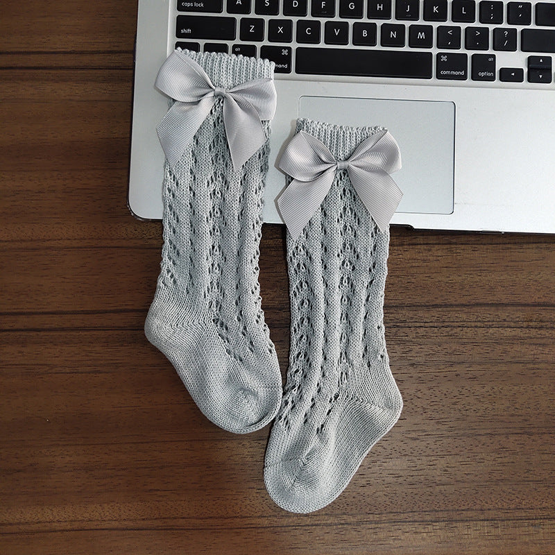 Cute Girls Knee High Socks Bows Cotton Breathable Soft Children Socks Hollow Out Non-slip Newborn Infant Long Socks - Cindi Book