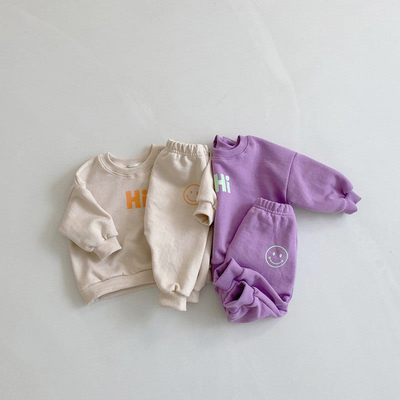 Smiley Pattern Casual Sweater Set Baby Sports Pants Two-Piece Set