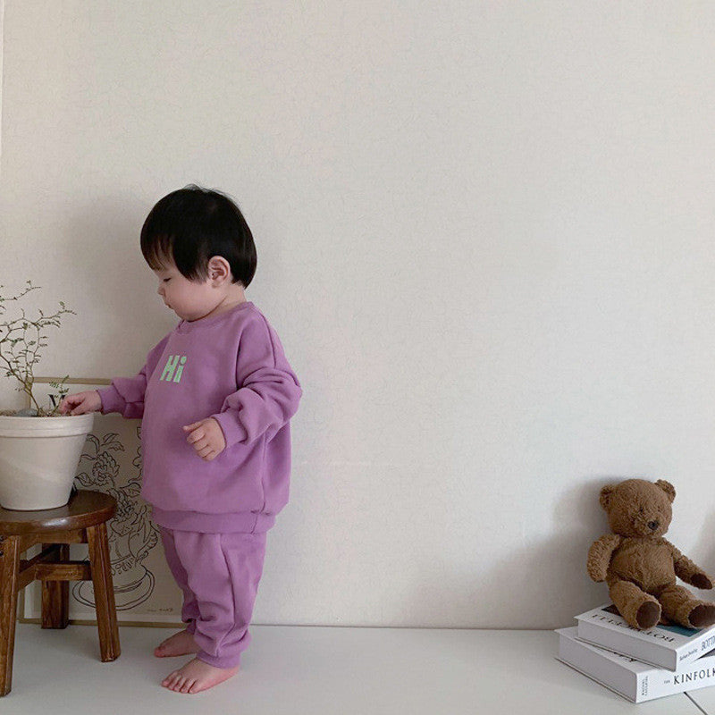 Smiley Pattern Casual Sweater Set Baby Sports Pants Two-Piece Set