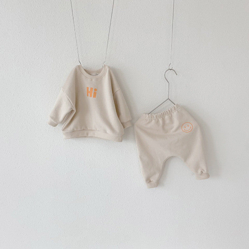 Smiley Pattern Casual Sweater Set Baby Sports Pants Two-Piece Set