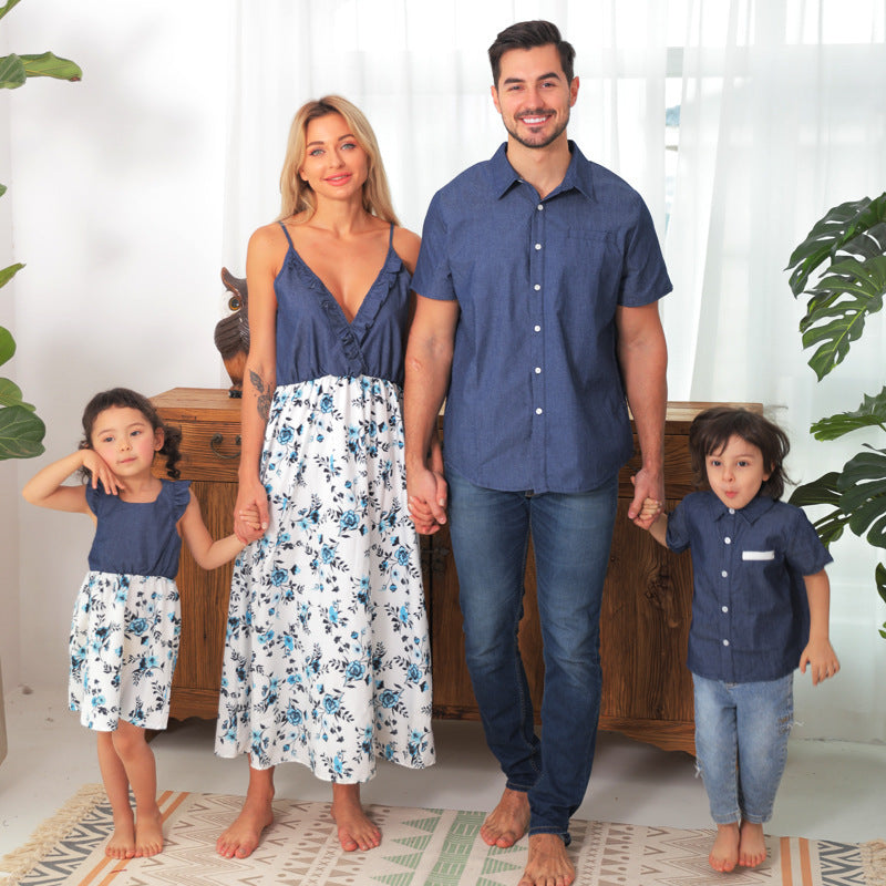Family Matching Family Denim Sling Skirt Baby Girl Mom Dad Boy Boy Shirt Parent-Child - Cindi Book