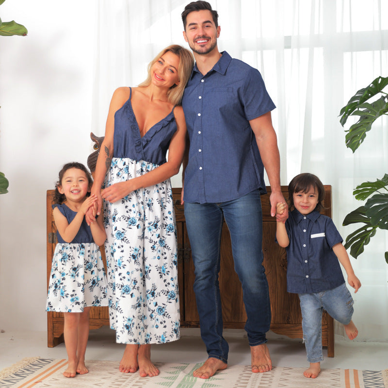 Family Matching Family Denim Sling Skirt Baby Girl Mom Dad Boy Boy Shirt Parent-Child - Cindi Book