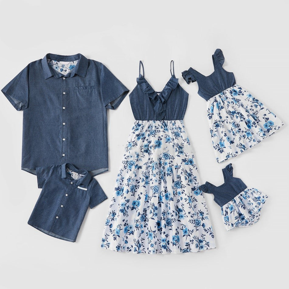 Family Matching Family Denim Sling Skirt Baby Girl Mom Dad Boy Boy Shirt Parent-Child - Cindi Book
