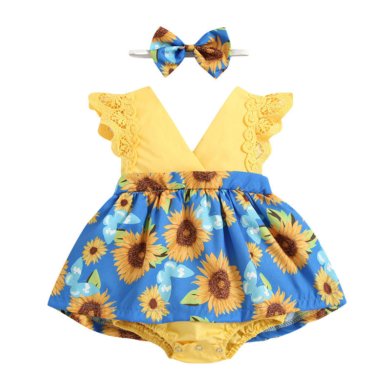 Newborn Baby Ruffled Sunflower Print Jumpsuit 2-Piece Headband Summer Dress 0-24 Months - Cindi Book
