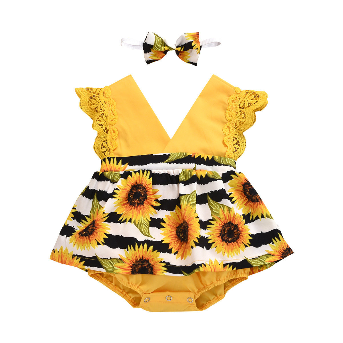 Newborn Baby Ruffled Sunflower Print Jumpsuit 2-Piece Headband Summer Dress 0-24 Months - Cindi Book