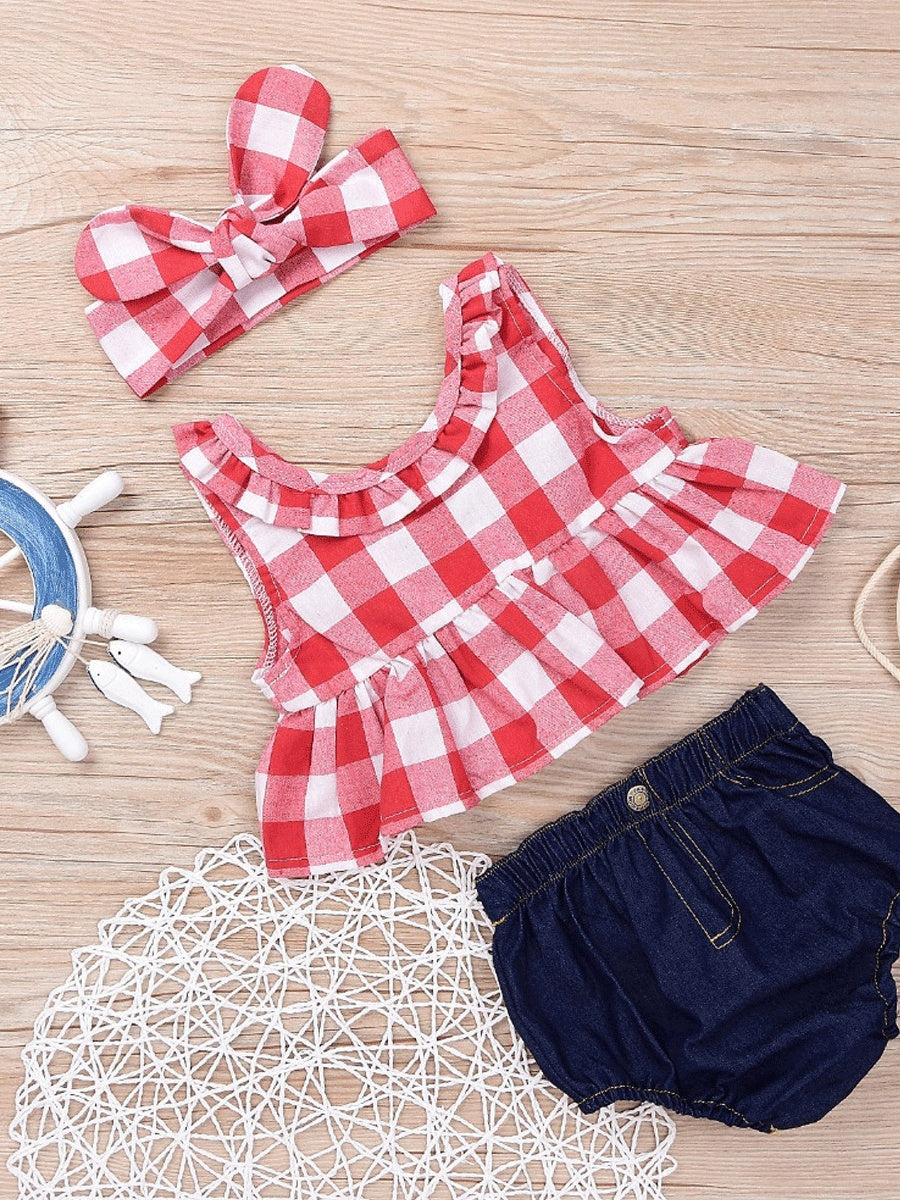 Children Plaid Top Denim Shorts Headdress Three-piece Set - Cindi Book