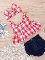 Children Plaid Top Denim Shorts Headdress Three-piece Set - Cindi Book
