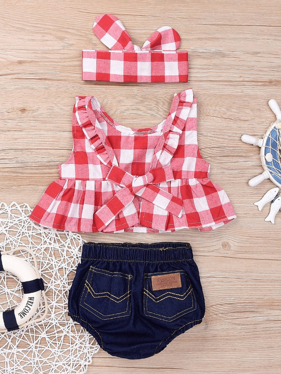 Children Plaid Top Denim Shorts Headdress Three-piece Set - Cindi Book