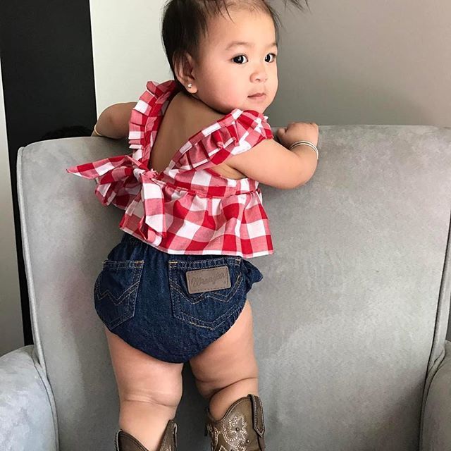 Children Plaid Top Denim Shorts Headdress Three-piece Set - Cindi Book