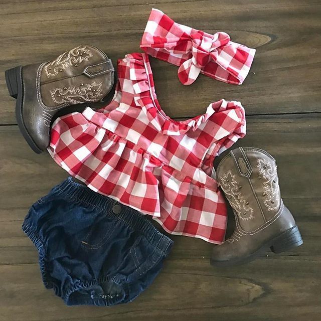 Children Plaid Top Denim Shorts Headdress Three-piece Set - Cindi Book