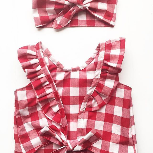 Children Plaid Top Denim Shorts Headdress Three-piece Set - Cindi Book