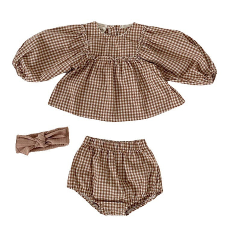 Girl's Suit Western Style Plaid Puff Sleeve Doll Top With Fart Pants Suit - Cindi Book