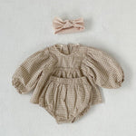 Girl's Suit Western Style Plaid Puff Sleeve Doll Top With Fart Pants Suit - Cindi Book